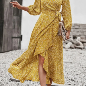 Kadın Uzun Kollu Kruvaze Yaka Yandan Bağlamalı önden Fırfır Detaylı Süprem Uzun Elbise