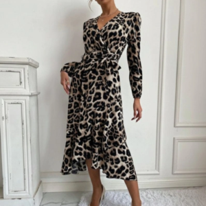 Kadın Uzun Kollu Kruvaze Yaka Yandan Bağlamalı önden Fırfır Detaylı Süprem Uzun Elbise