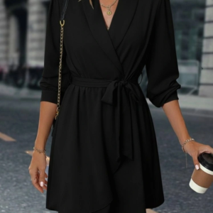 Kadın Uzun Kollu Kruvaze Yakalı Belden Kuşaklı Mini çift Katlı Ithal Krep Elbise