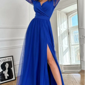 Kadın Uzun Kollu Kruvaze Yakalı Belden Kuşaklı Tüllü Uzun Ithal Krep Elbise