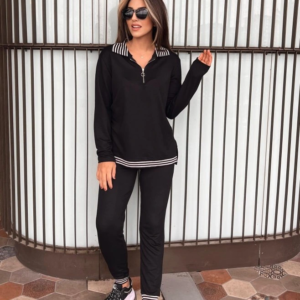 Kadın Uzun Kollu Ribana Ve Fermuar Detay Bluz Ve Yüksel Bel Pantolon 2li Takım