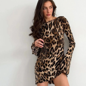 Kadın Uzun Kollu Sırtı Açık Bağlamalı Leopar Desenli Kısa Dalgıç Elbise