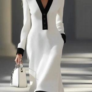 Kadın Uzun Kollu V Yakalı Düğmeli Midi Modal Elbise