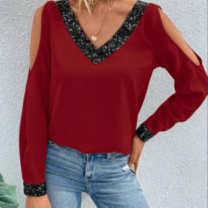 Kadın Uzun Kollu V Yakalı Omuzlardan Açık Sandy Bluz