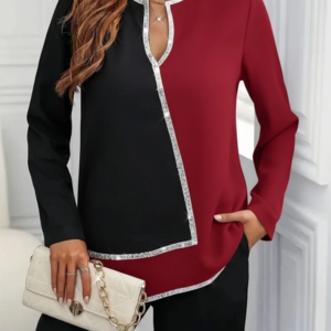 Kadın Uzun Kollu V Yakalı Pul Payet Işlemeli Ithal Krep Bluz