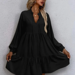 Kadın Uzun Kollu Yakadan Bağcıklı Fırfırlı Keten Mini Elbise