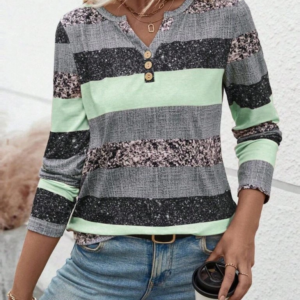 Kadın Uzun Kollu Yakadan Düğmeli çizgili Desenli Süprem Bluz
