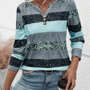 Kadın Uzun Kollu Yakadan Düğmeli çizgili Desenli Süprem Bluz