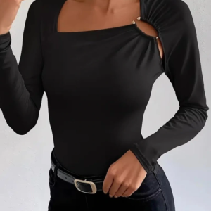 Kadın Uzun Kollu Yakadan Halka Detaylı Viskon Bluz