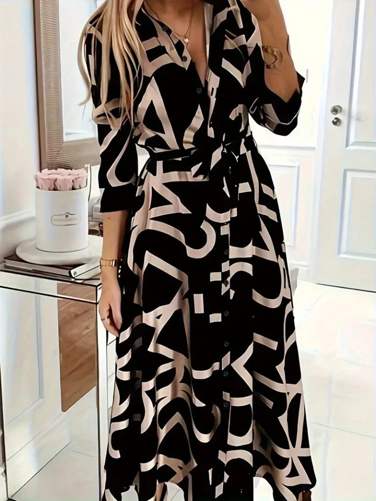 Kadın Uzun Kollu Yakalı önden Düğmeli Uzun Süprem Elbise