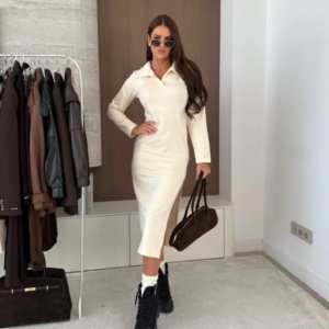 Kadın Uzun Kollu Yakalı Yandan Yırtmaçlı Midi Modal Elbise