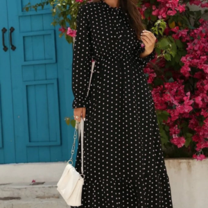 Kadın Uzun Kollu Yakası Bağcıklı Uzun Puantiyeli Krep Maxi Elbise