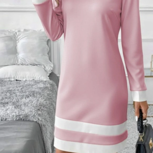 Kadın Uzun Kollu Yuvarlak Yaka Etek Ucu şerit Detaylı Mini Dalgıç Elbise