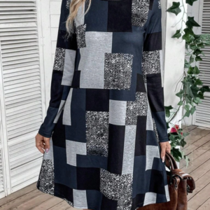 Kadın Uzun Kollu Yuvarlak Yaka Geometrik Süprem Elbise