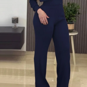 Kadın Uzun Kollu Yuvarlak Yaka Transparan Detaylı Triko Bluz Ve Pantolon Ikili Takım