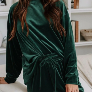 Kadın Uzun Kollu Yuvarlak Yakalı Kadife Bluz Ve Pantolon Takım