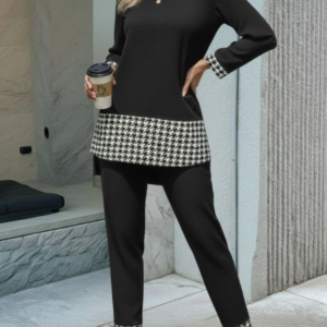 Kadın Uzun Kollu Yuvarlak Yakalı Kaz Ayağı Detaylı Viskon Iki Iplik Bluz Ve Pantolon Ikili Takım