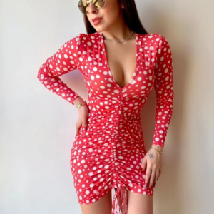 Kadın V Yaka önü Asansör Büzgü Detay Fırsat ürün Puantiyeli Mini Elbise