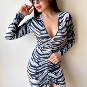 Kadın V Yaka önü Asansör Büzgü Detay Fırsat ürün Zebra Mini Elbise