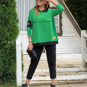 Kadın Yeşil Kapşonlu Etek Ucu Detay Arma Ters Dikiş Gorunumlu Ikili Takım