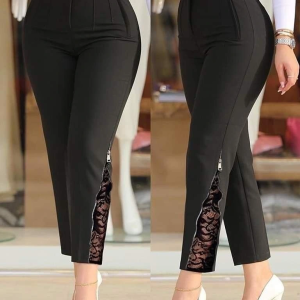 Kadın Yüksek Bel önden Nervürlü Ve Fermuarlı Yandan Dantelli Ithal Krep Pantolon