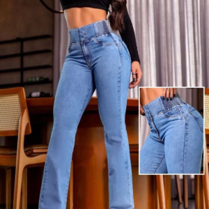 Kadın Yüksek Bel Yanları Lastik önü Düğmeli Kot Pantolon