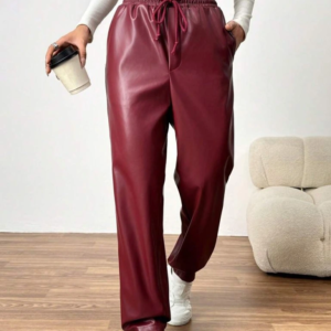 Kadın Yüksel Bel Bağcıklı Deri Pantolon