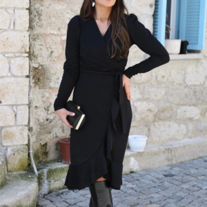 Krep Kumaş Midi Boy Kuşaklı Uzunkol Elbise 113 Cm