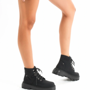 LMÇ-2045 Kömür Siyahı Bağcıklı Kalın Taban Kadın Günlük Bot