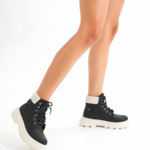 LMÇ-2045 Siyah-Bej Taban Bağcıklı Kalın Taban Kadın Günlük Bot