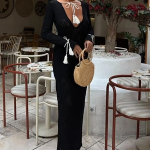 Püskül Bağcık Detaylı V Yaka Ajurlu Elbise 2850