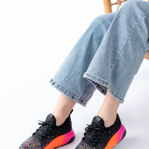 RS-403  Siyah Bağcıklı Fileli Multi Taşlı Renkli Taban Günlük Kadın Spor