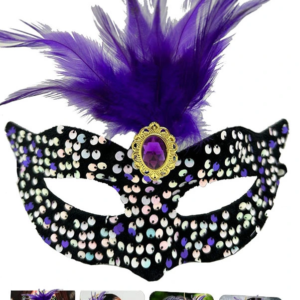 Siyah Kadife Payetli Pullu Mor Tüylü Parti Maskesi