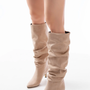 SR-2001 Bej Süet İnce Topuklu Günlük Bayan Çizme