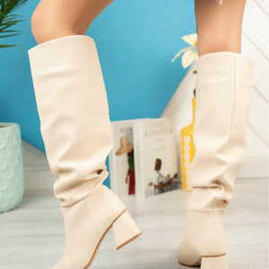 SYT-2002 Bej Körüklü Kalın Topuklu Günlük Bayan Çizme