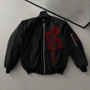 Tam Fermuarlı Uzun Kol Baskılı Bomber Ceket - Siyah