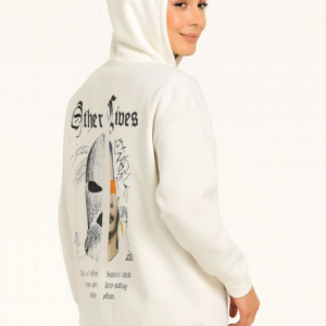 Üç İplik Kapşonlu ön Ve Arka Baskılı SweatShirt Hoodie- Beyaz