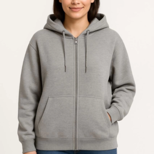 Üç İplik Kapüşonlu Tam Fermuarlı Kanguru Çepli SweatShirt Hoodie - Gri