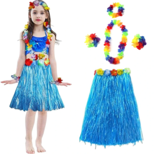 Yetişkin ve Çocuk Uyumlu Hawaii Luau Aloha Mavi Püsküllü Etek Kolye Taç ve 2 Adet Bileklik Seti