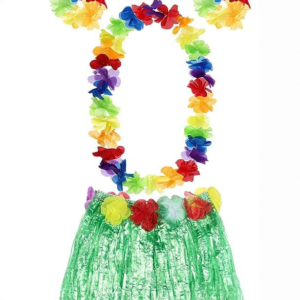 YETIŞKIN VE ÇOCUK UYUMLU LUAU ALOHA HAWAII YEŞIL ETEK VE RENKLI KOLYE TAÇ 2 ADET BILEKLIK SETI