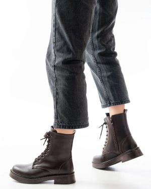 02-356 Kahve Düz Topuklu Bağcıklı Fermuarlı Günlük Kadın Bot