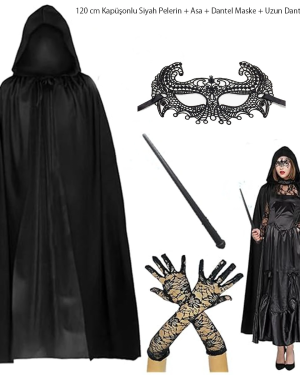 120 cm Kapüşonlu Siyah Pelerin + Asa + Dantel Maske + Uzun Dantel Siyah Eldiven Kostüm Seti