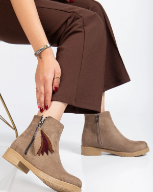 165-205 Vizon Süet  Yaprak Desenli Fermuarlı Günlük Kadın Bot