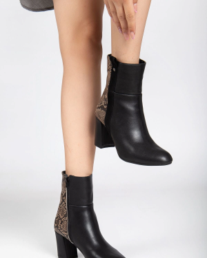292 Siyah Yılan Desen Detaylı Fermuarlı  Yüksek Topuklu Günlük Kadın Bot