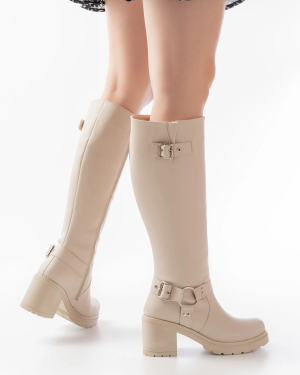 767-3005 Bej Toka Aksesuarlı Fermuarlı Günlük Kalın Topuklu Kadın Bot