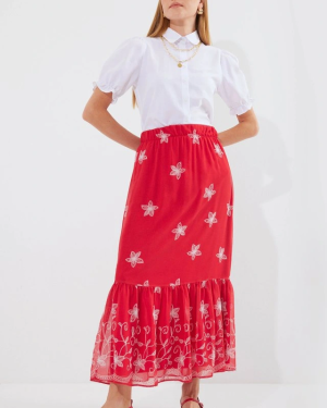 8010 Desenli Şifon Etek - A.Kırmızı