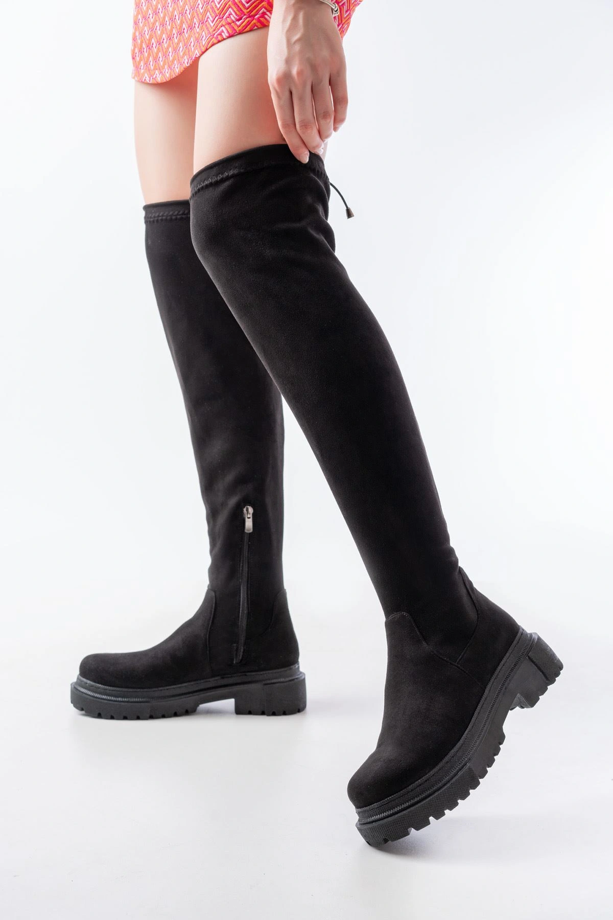 812-2194 Siyah Süet Fermuarlı Diz Üstü Bağcıklı Çorap Günlük Kadın Çizme