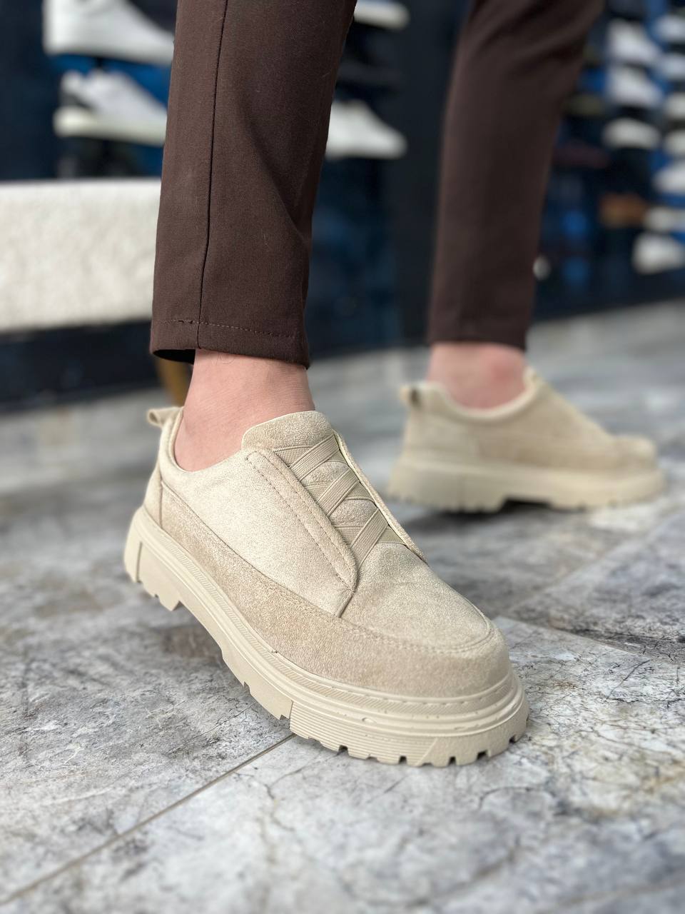 KB-703 Kuback Bej Süet Lastikli Günlük Erkek Ayakkabı