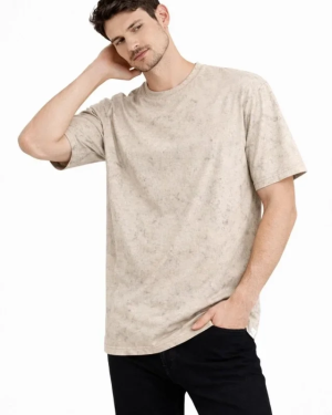 Erkek Asit Yıkama Bisiklet Yaka Kısa Kollu Oversize T-Shirt Tişört - Bej