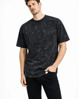 Erkek Asit Yıkama Bisiklet Yaka Kısa Kollu Oversize T-Shirt Tişört - Siyah